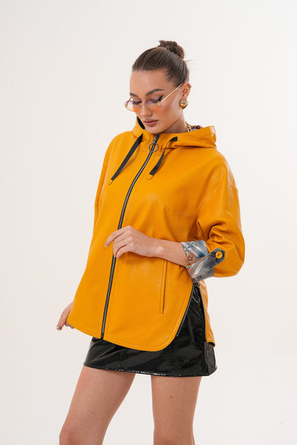 The Nyxara Reversible Hooded Mustard Yellow Leather Jacket