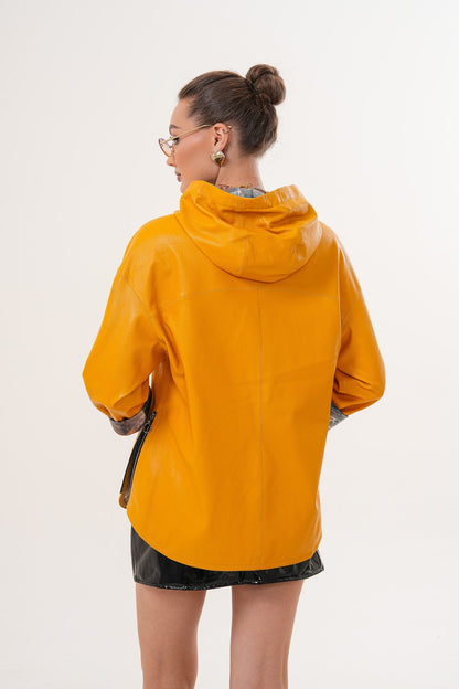 The Nyxara Reversible Hooded Mustard Yellow Leather Jacket