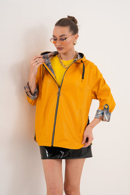 The Nyxara Reversible Hooded Mustard Yellow Leather Jacket