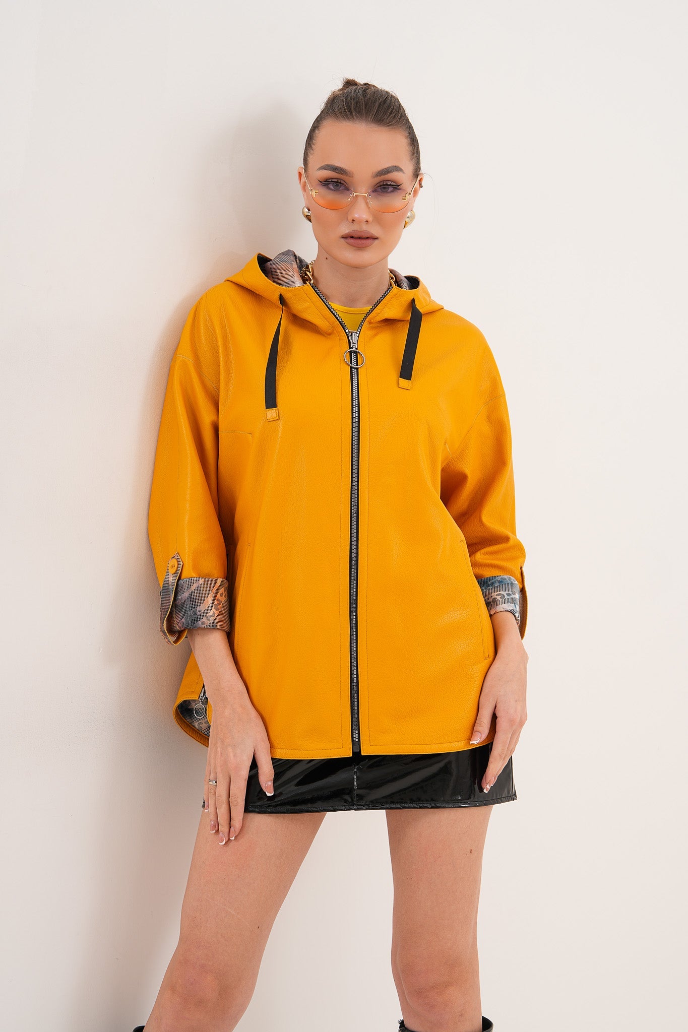 The Nyxara Reversible Hooded Mustard Yellow Leather Jacket