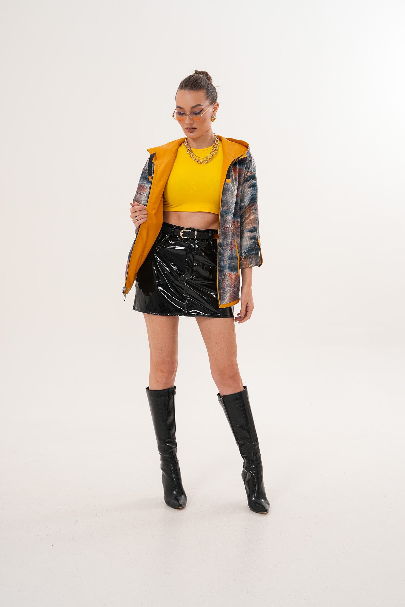 The Nyxara Reversible Hooded Mustard Yellow Leather Jacket
