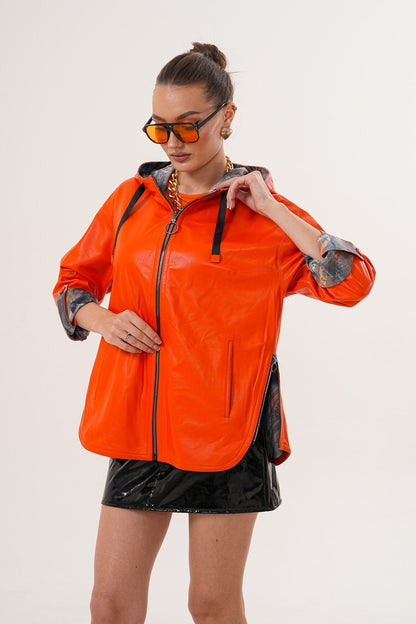 The Nyxara Reversible Hooded Orange Leather Jacket