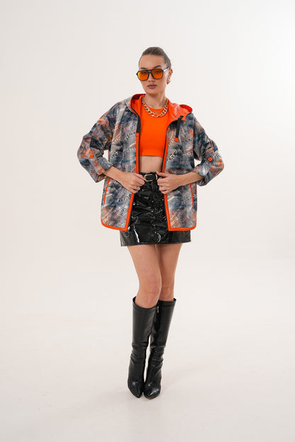 The Nyxara Reversible Hooded Orange Leather Jacket