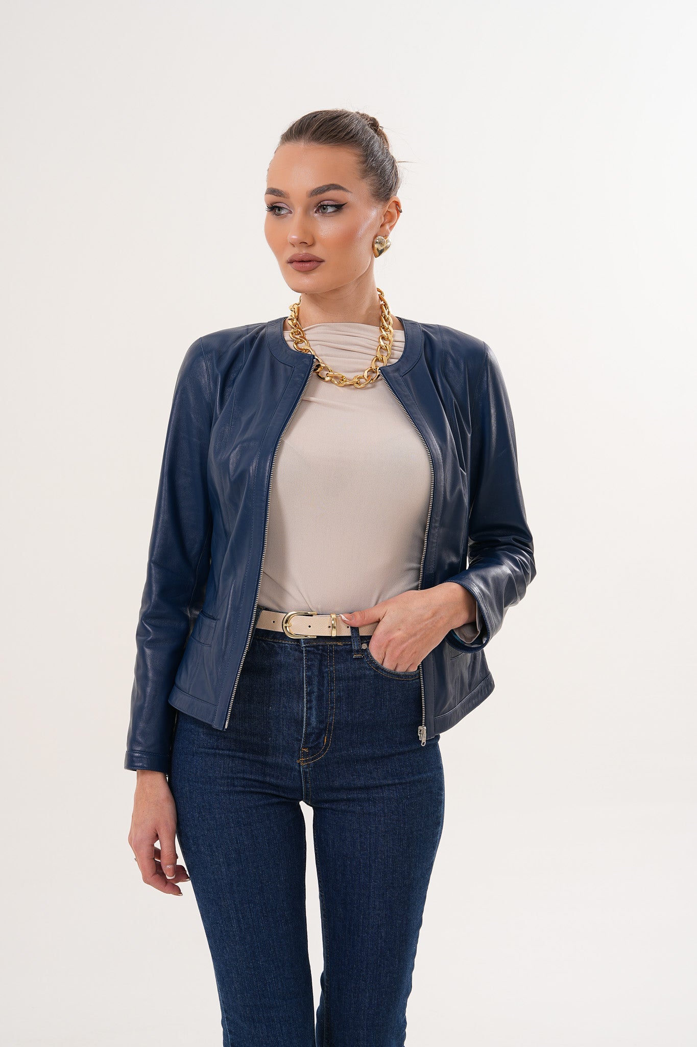 The Nyvessa Reversible Navy Blue Leather Women Jacket