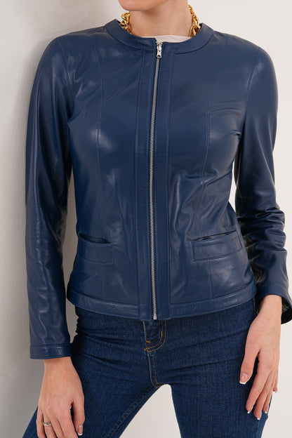 The Nyvessa Reversible Navy Blue Leather Women Jacket