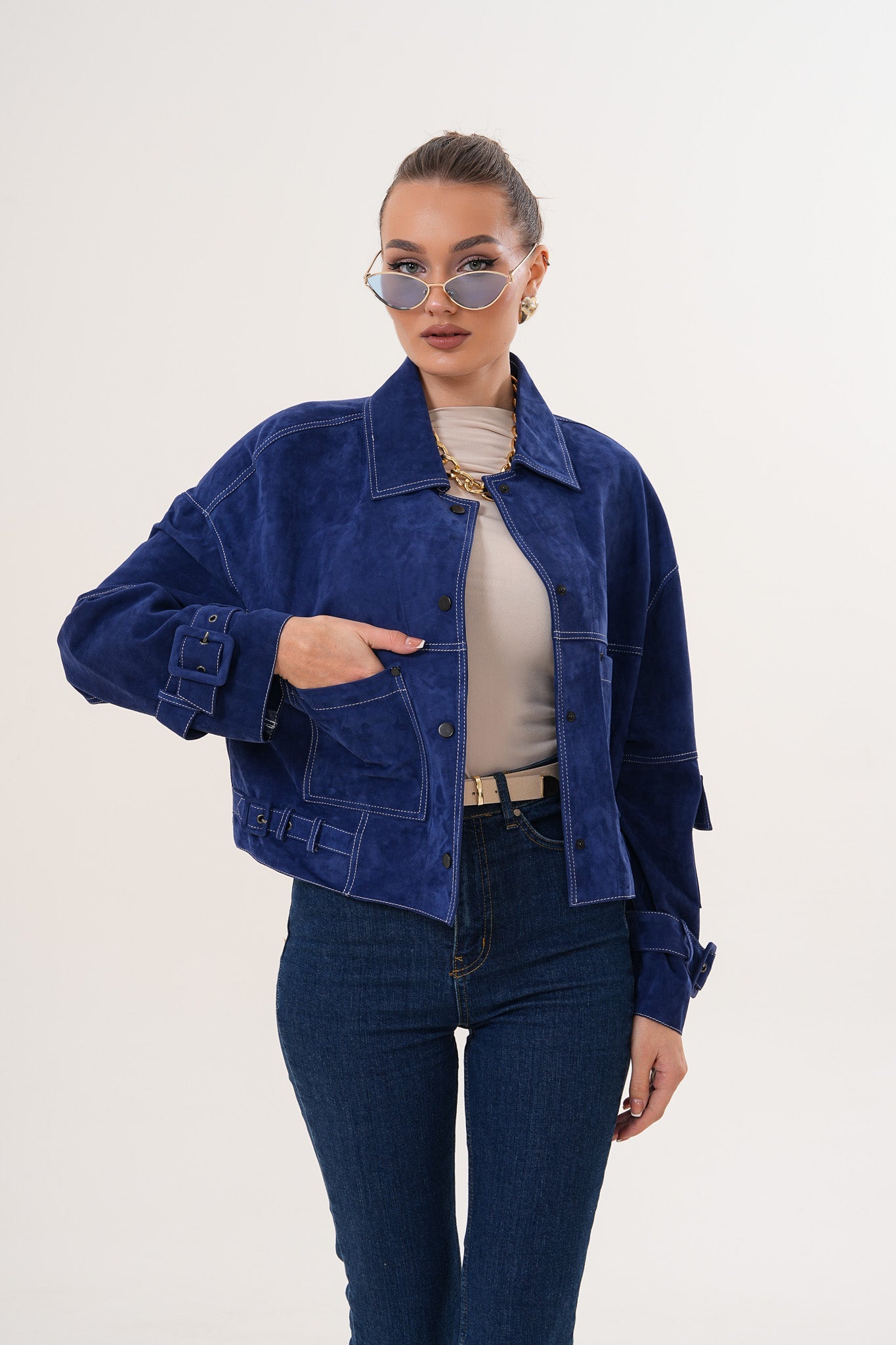 The Velmira Reversible Navy Blue Suede Leather Jacket