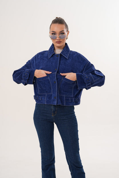 The Velmira Reversible Navy Blue Suede Leather Jacket