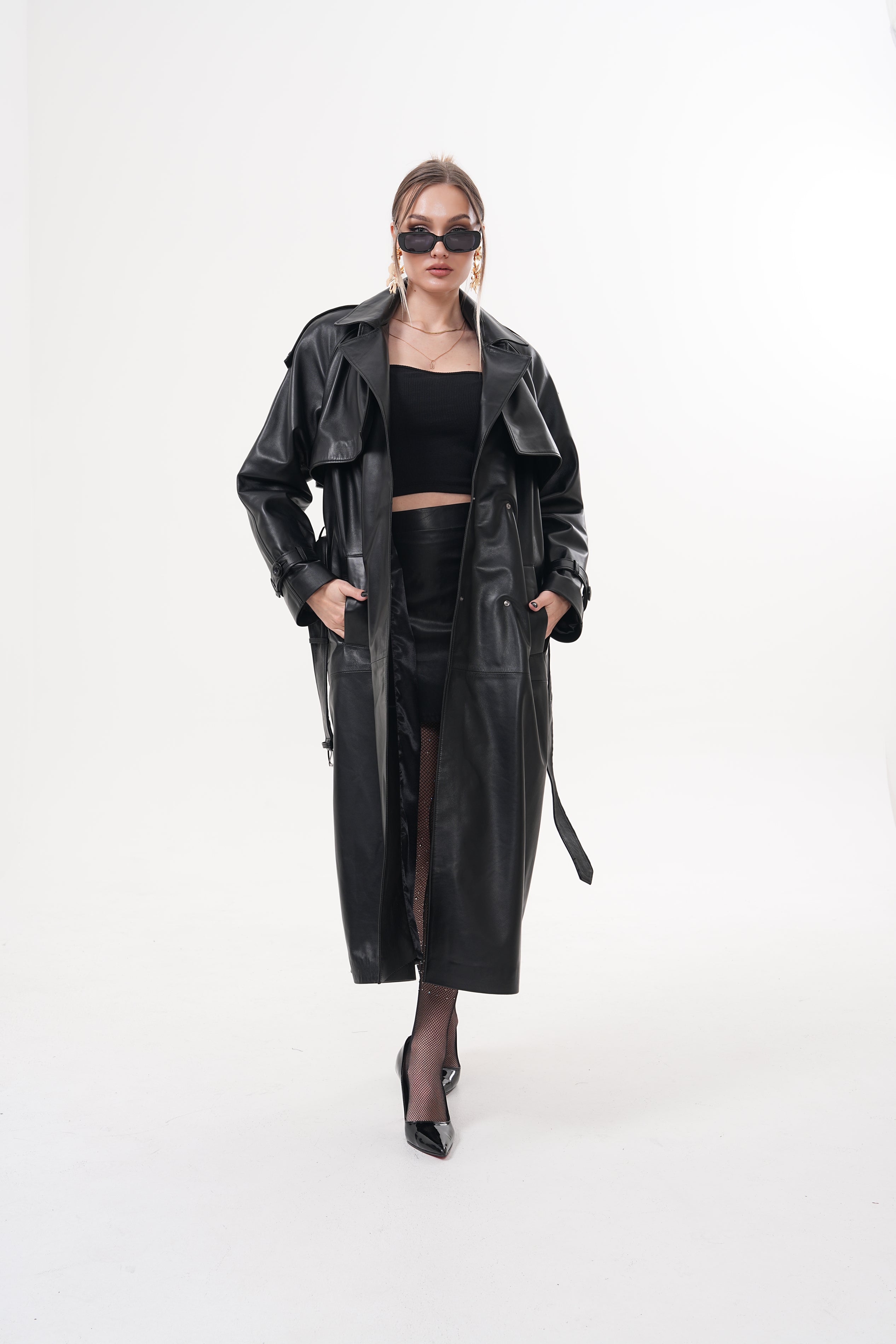 The Raven Black Leather Women Trench Coat