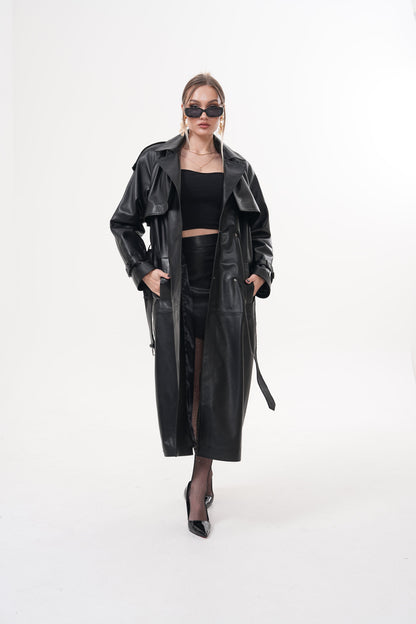 The Raven Black Leather Women Trench Coat