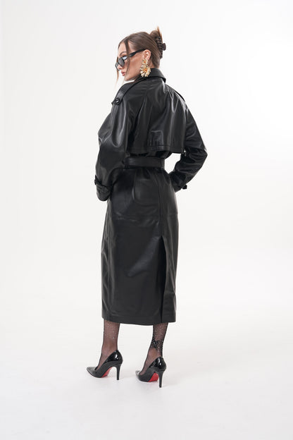 The Raven Black Leather Women Trench Coat
