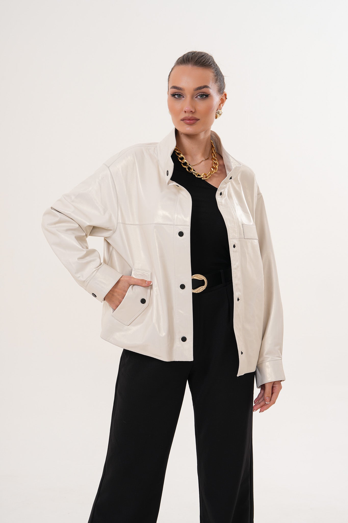 The Velmira Reversible Ivory Leather Women Jacket