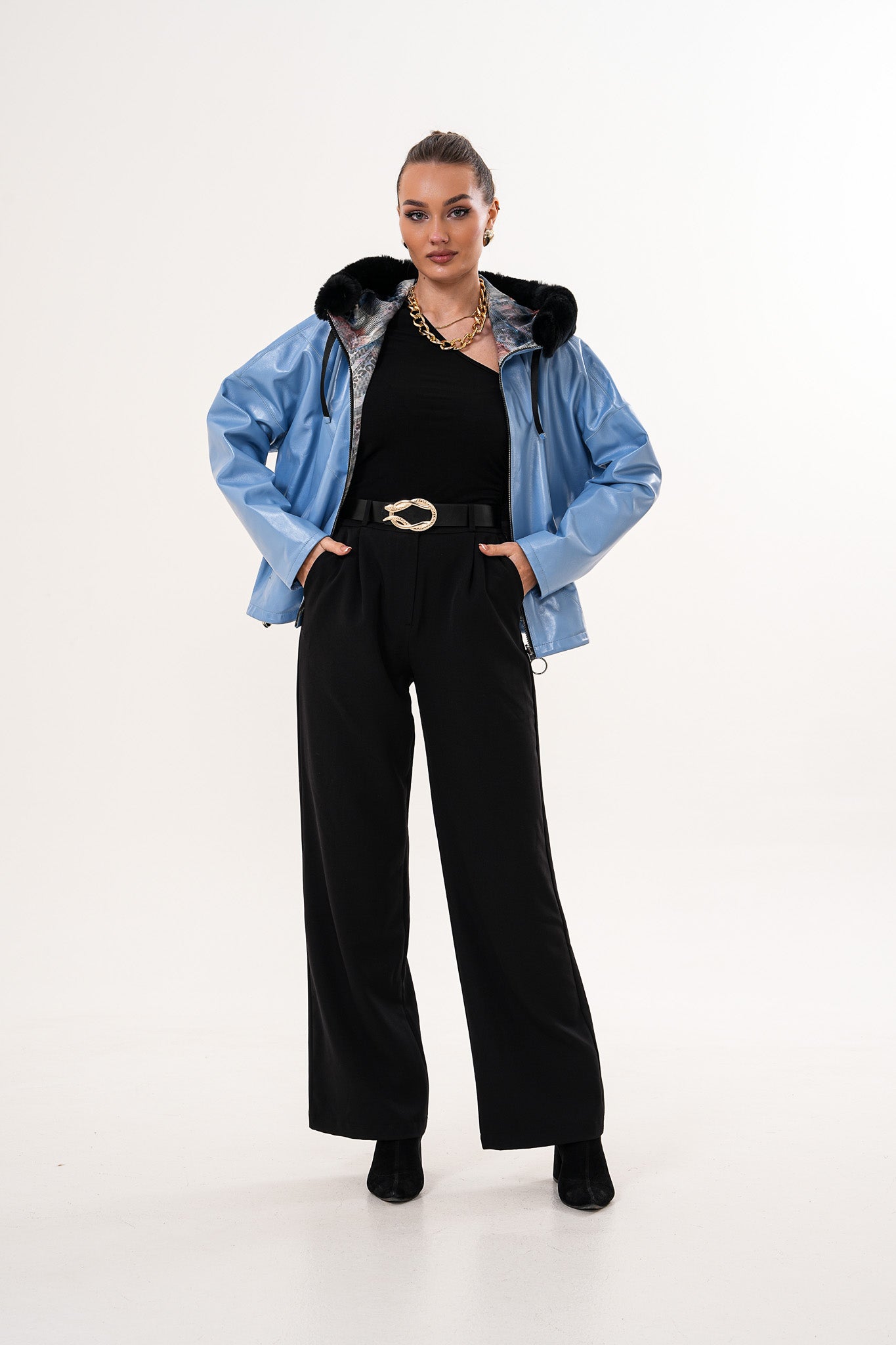 Vinci Leather Shoes The Velora Sky Blue Reversible Lambskin Women Leather Jacket