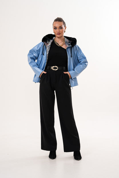 Vinci Leather Shoes The Velora Sky Blue Reversible Lambskin Women Leather Jacket