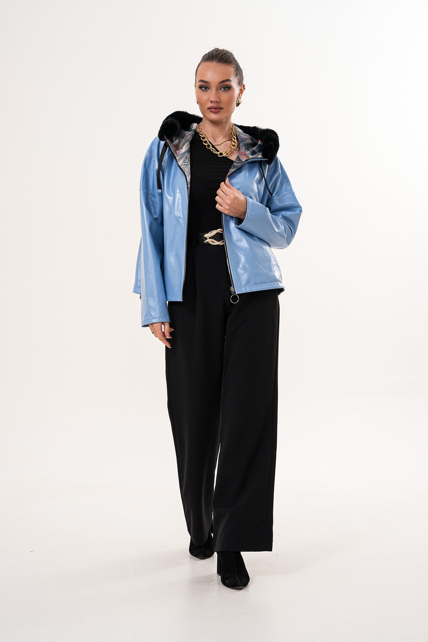 Vinci Leather Shoes The Velora Sky Blue Reversible Lambskin Women Leather Jacket