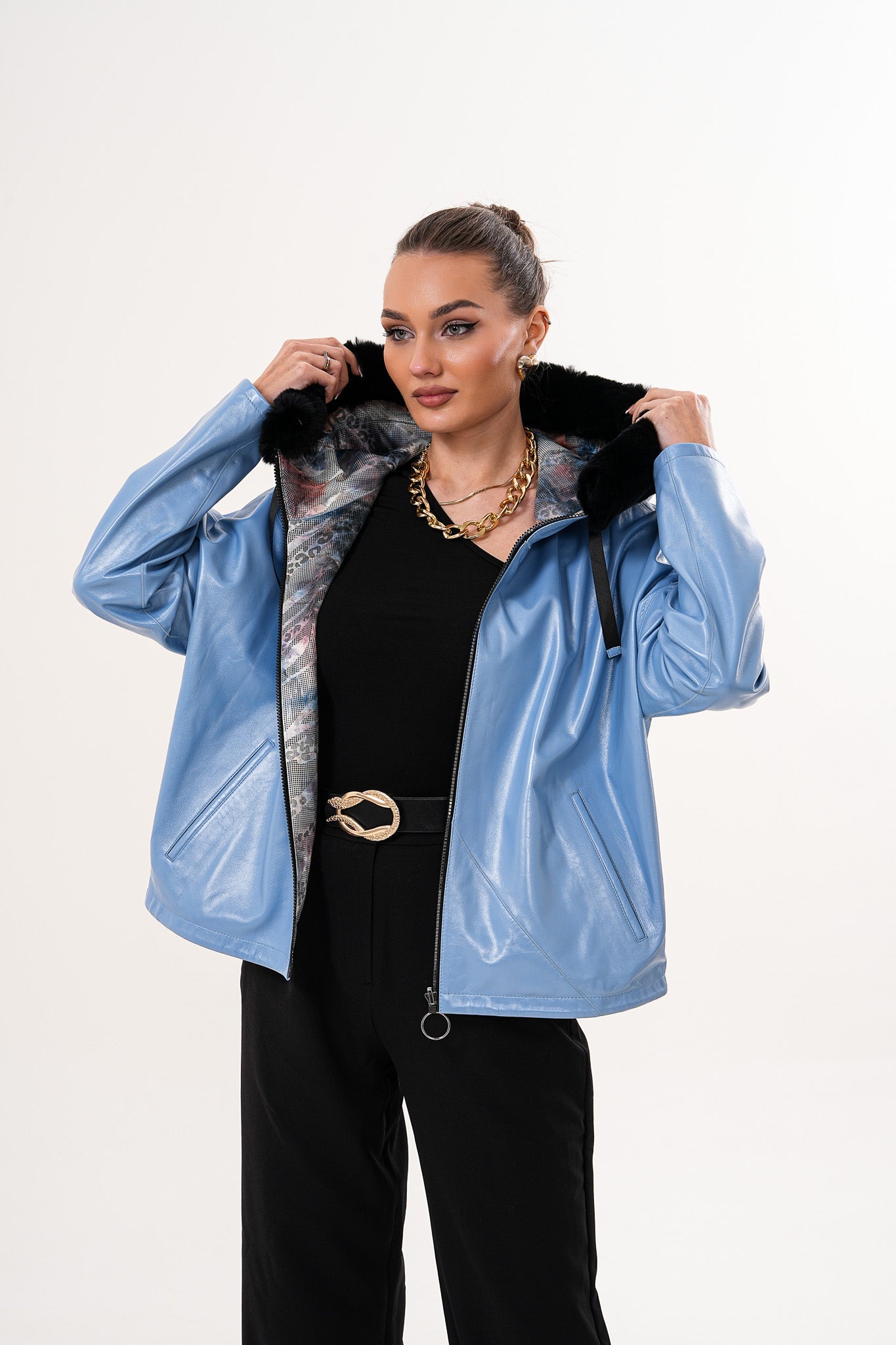 Vinci Leather Shoes The Velora Sky Blue Reversible Lambskin Women Leather Jacket