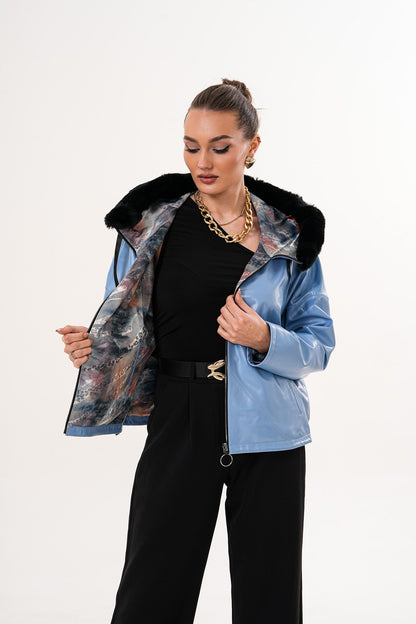 Vinci Leather Shoes The Velora Sky Blue Reversible Lambskin Women Leather Jacket