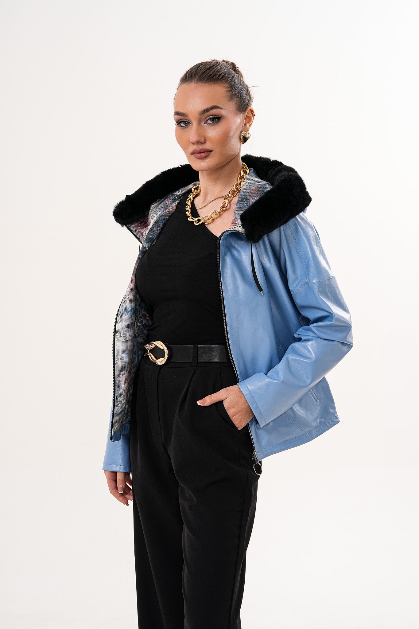 Vinci Leather Shoes The Velora Sky Blue Reversible Lambskin Women Leather Jacket