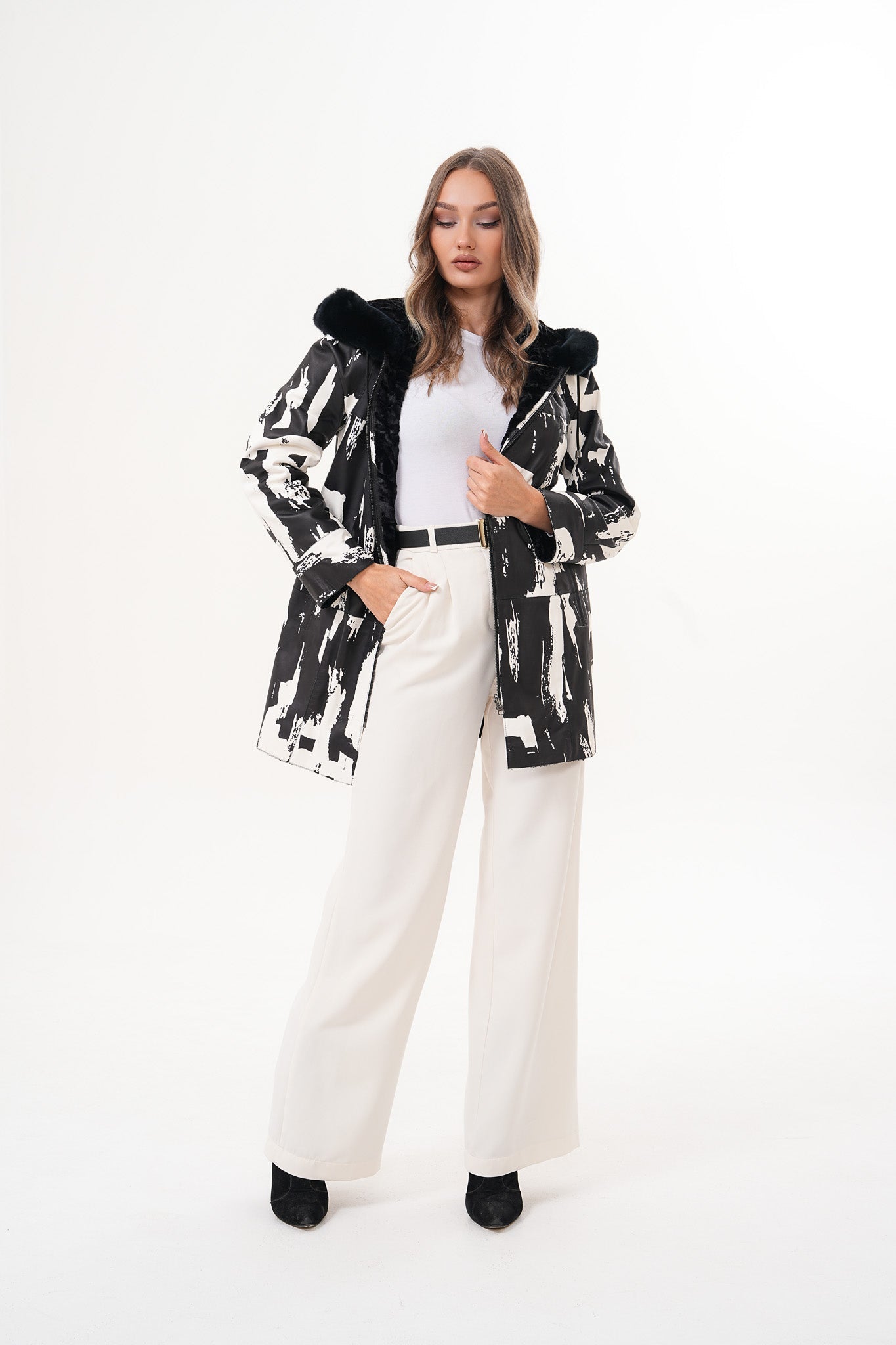 The Prisma Black & White Leather Women Jacket