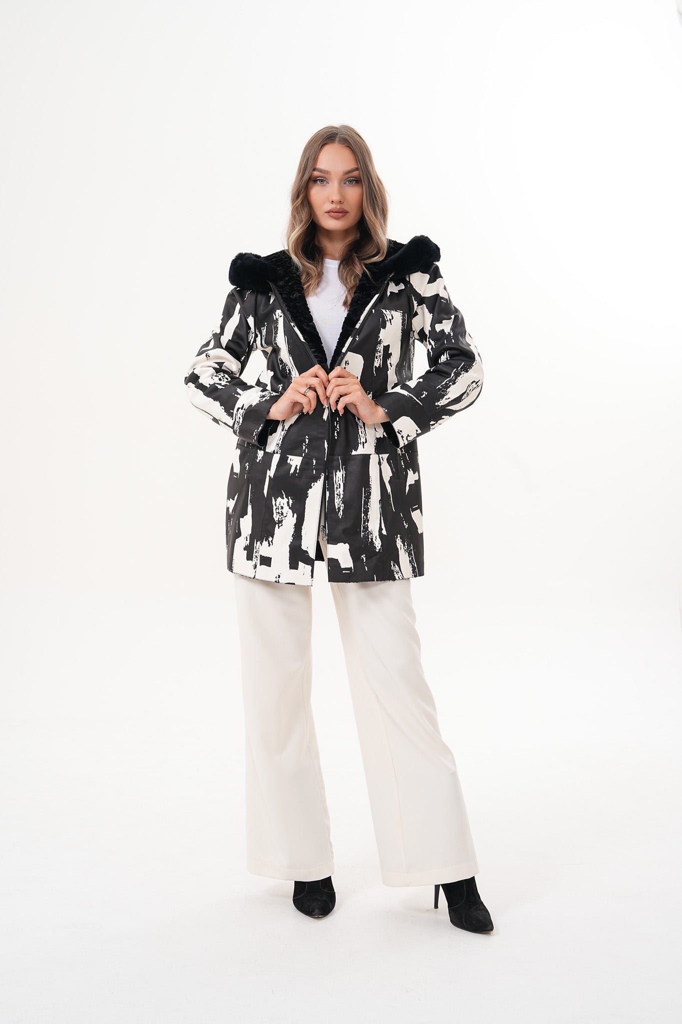 The Prisma Black & White Leather Women Jacket