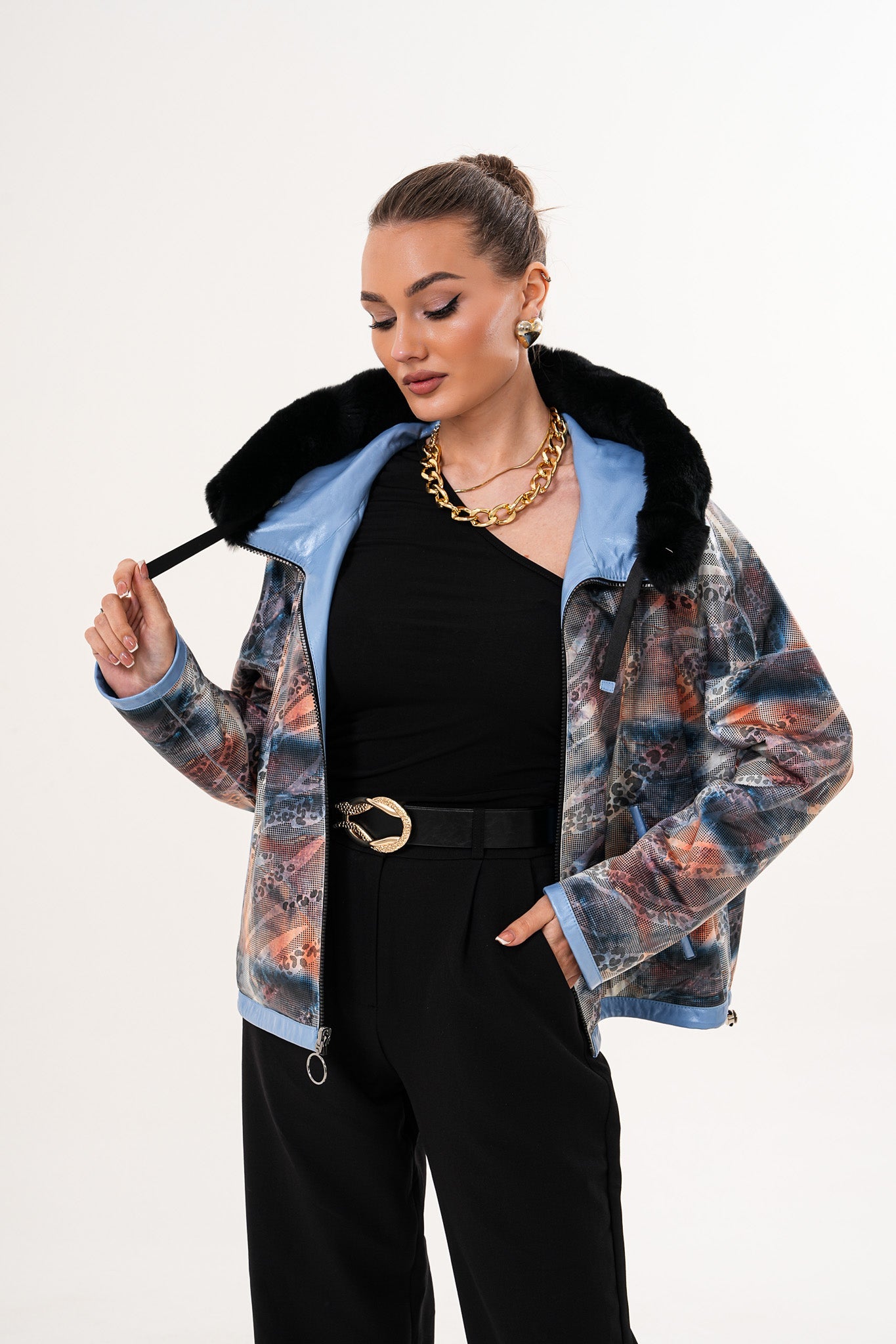 Vinci Leather Shoes The Velora Sky Blue Reversible Lambskin Women Leather Jacket