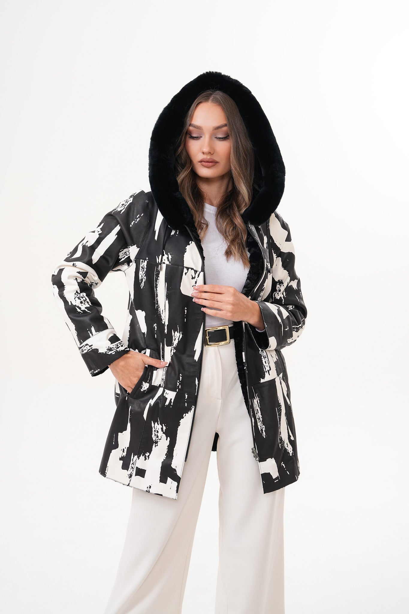 The Prisma Black & White Leather Women Jacket