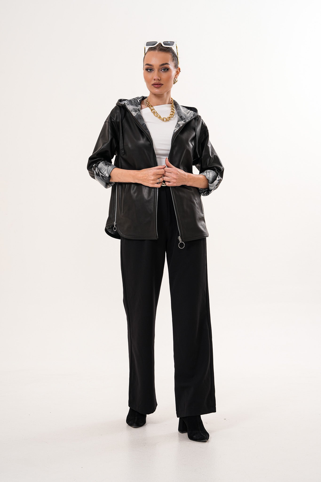 The Nyxara Reversible Hooded Black Leather Jacket