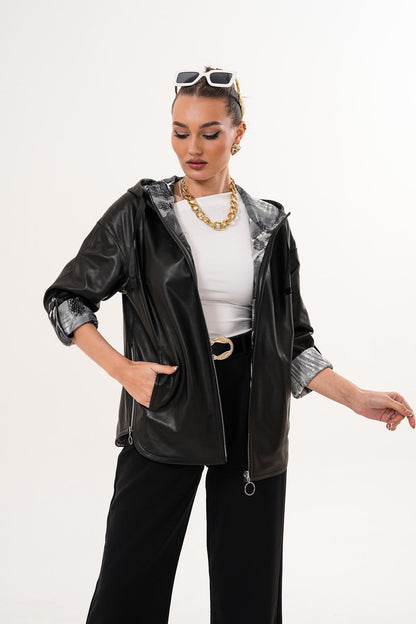 The Nyxara Reversible Hooded Black Leather Jacket