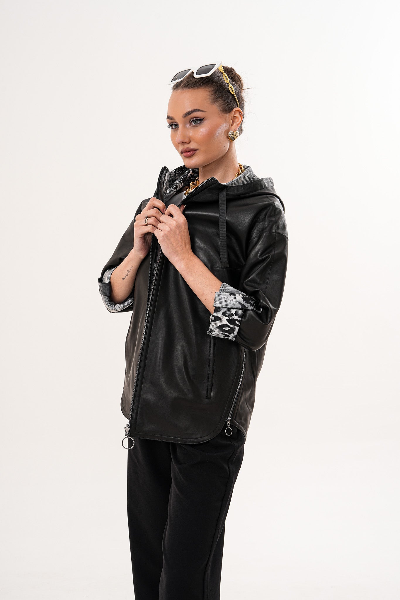 The Nyxara Reversible Hooded Black Leather Jacket