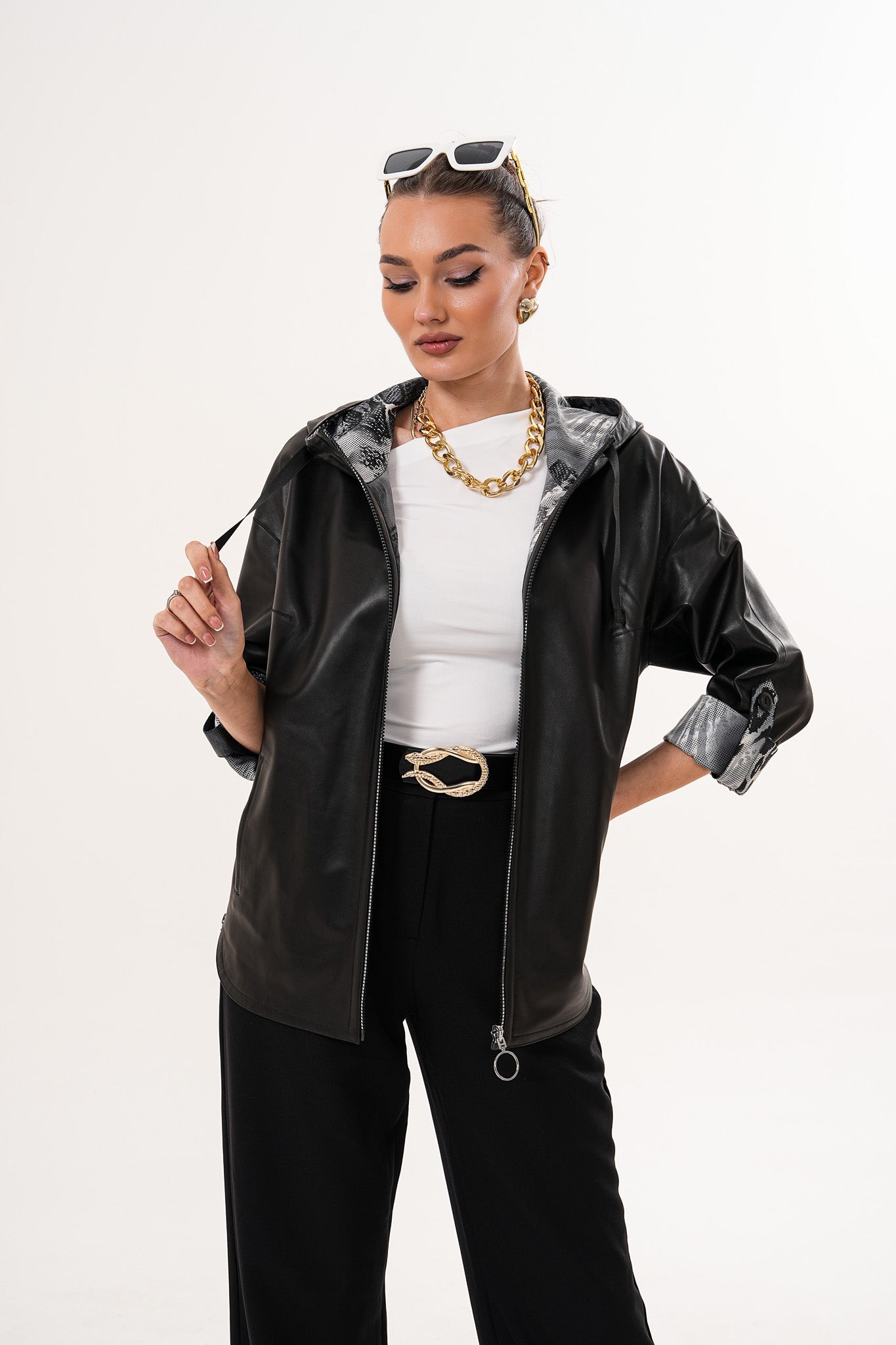 The Nyxara Reversible Hooded Black Leather Jacket