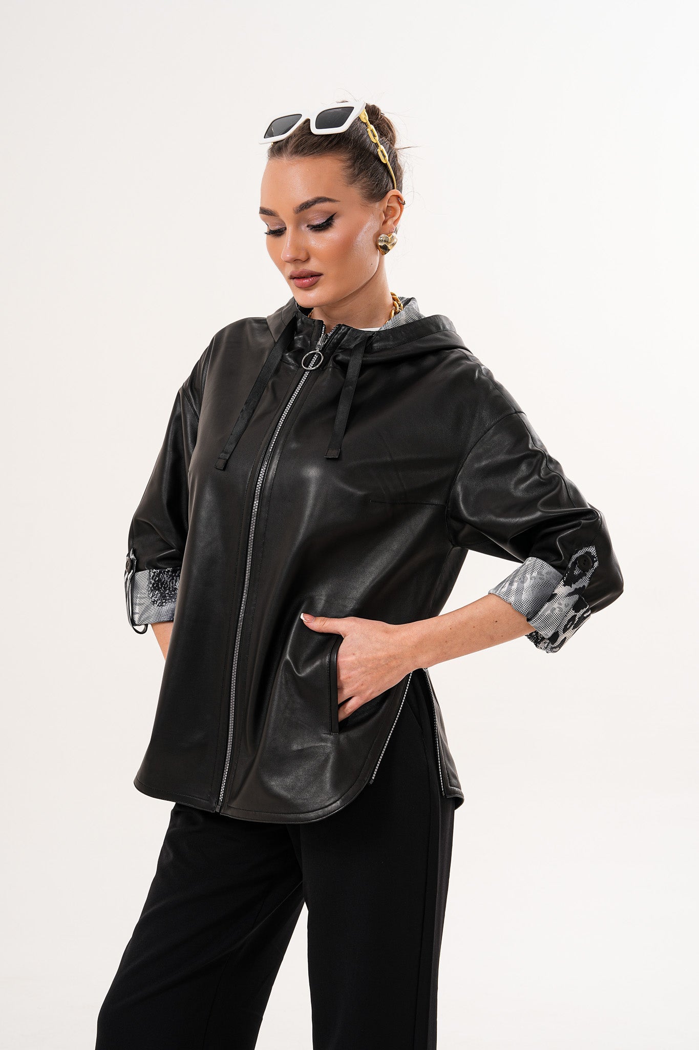 The Nyxara Reversible Hooded Black Leather Jacket