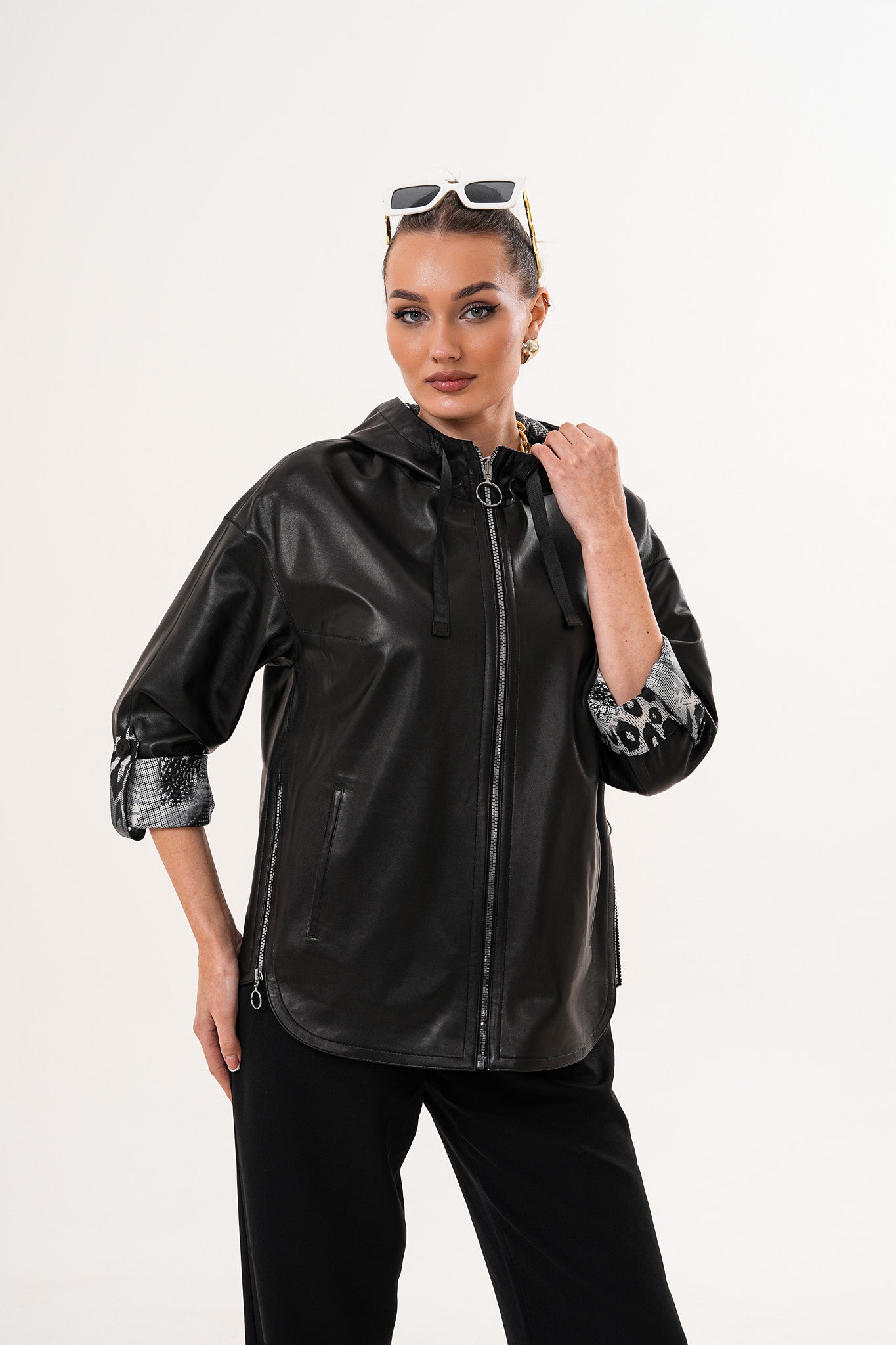 The Nyxara Reversible Hooded Black Leather Jacket