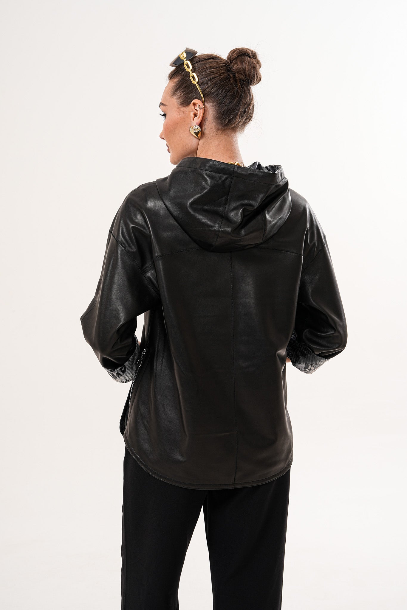 The Nyxara Reversible Hooded Black Leather Jacket