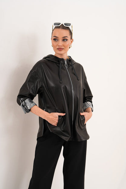 The Nyxara Reversible Hooded Black Leather Jacket
