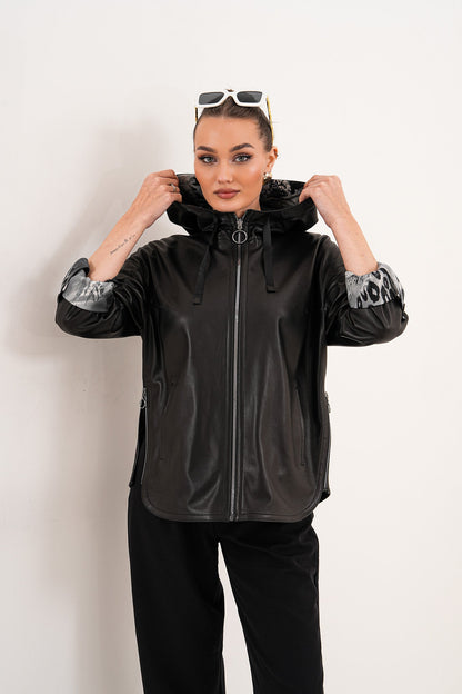 The Nyxara Reversible Hooded Black Leather Jacket
