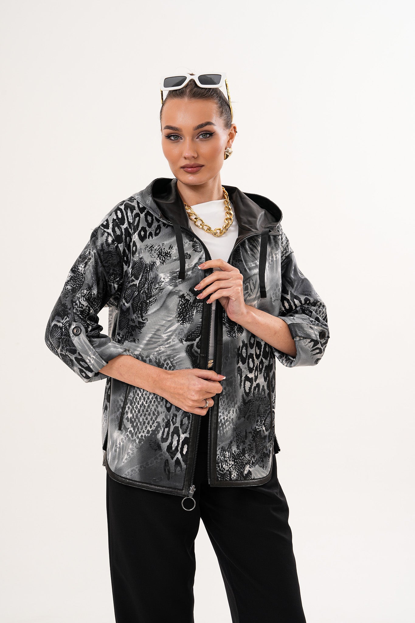 The Nyxara Reversible Hooded Black Leather Jacket