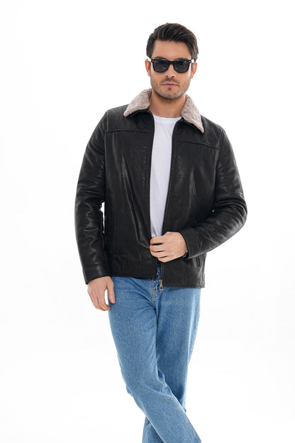 The Sarnico Black Shearling Collar Leather Jacket