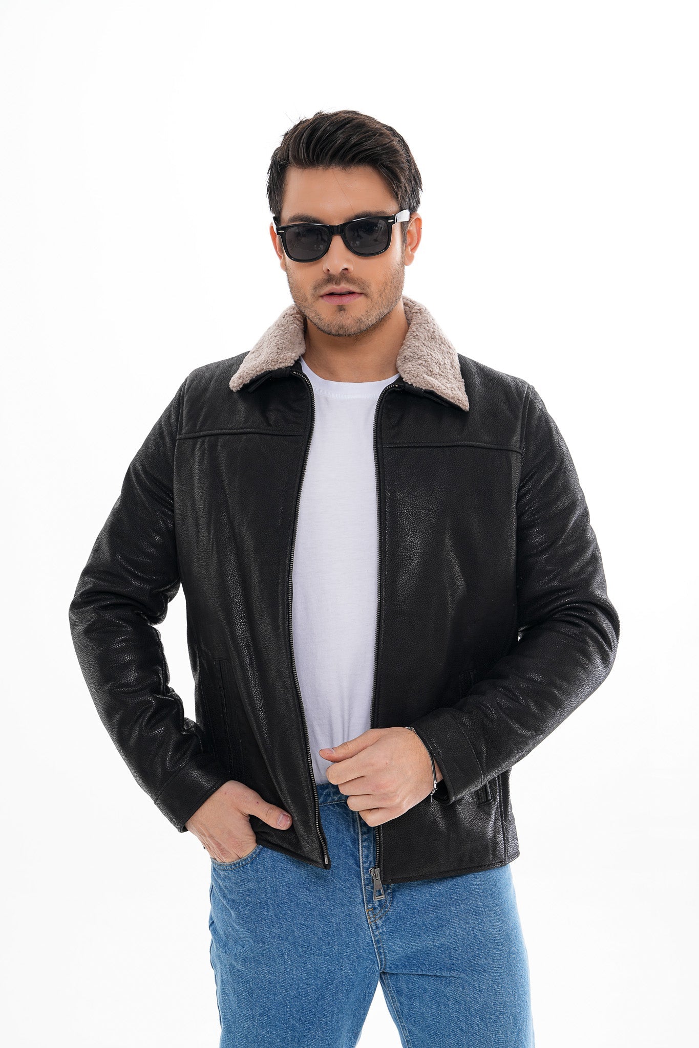 The Sarnico Black Shearling Collar Leather Jacket