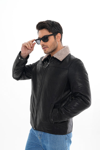The Sarnico Black Shearling Collar Leather Jacket