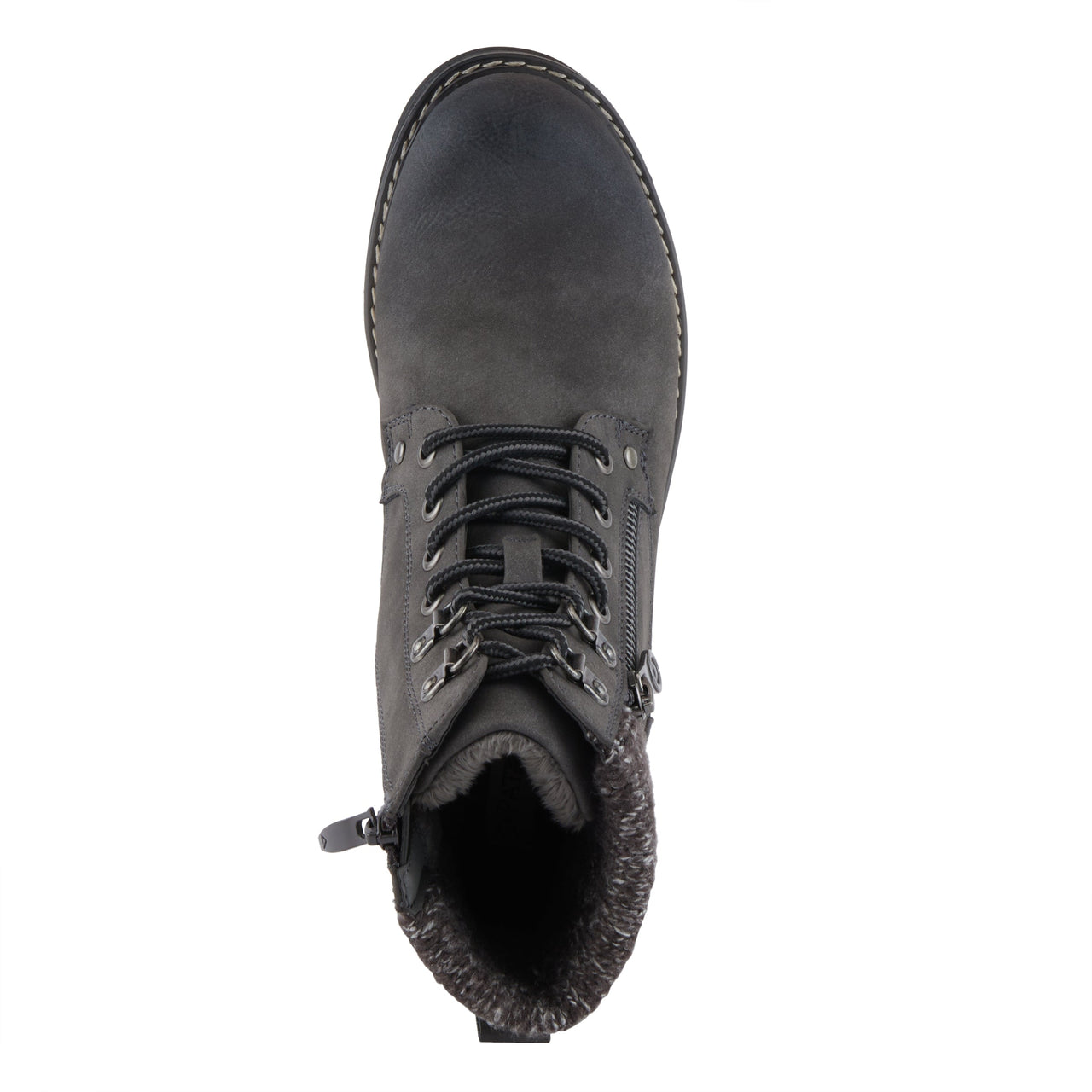  Black leather combat boots with lace-up front and lug sole