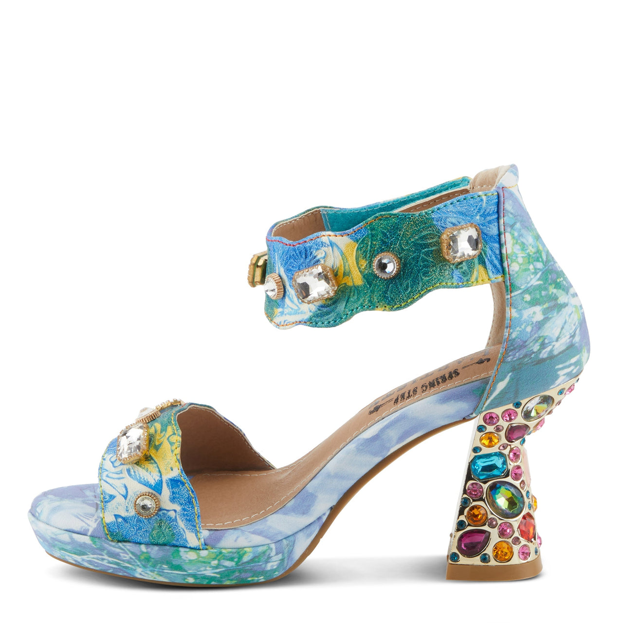 A close-up image of L'ARTISTE JEWELL CLOSED BACK SANDALS, featuring hand-painted leather and intricate floral details, perfect for summer outings and casual gatherings