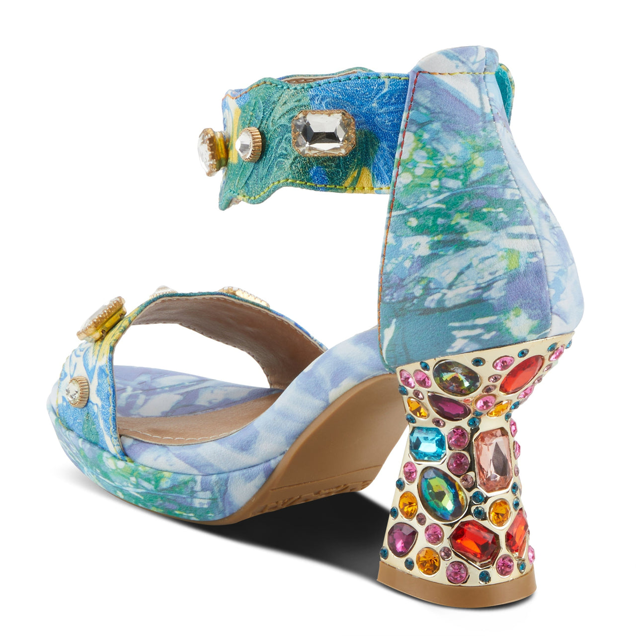 A pair of handcrafted L'ARTISTE JEWELL closed back sandals featuring intricate floral design