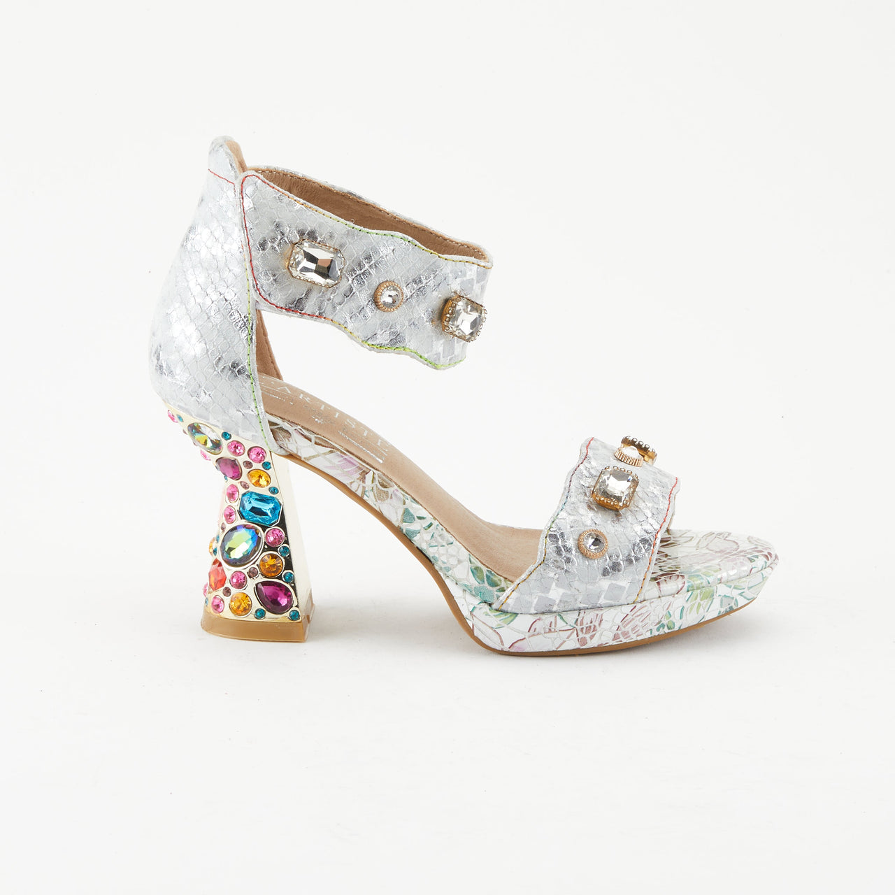 A pair of L'ARTISTE JEWELL closed back sandals featuring hand-painted leather and intricate floral cutouts in a vintage-inspired design