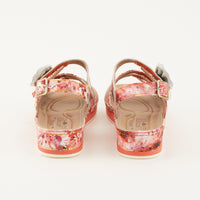 Thumbnail for Black leather ankle strap sandals with floral accents and chunky heel