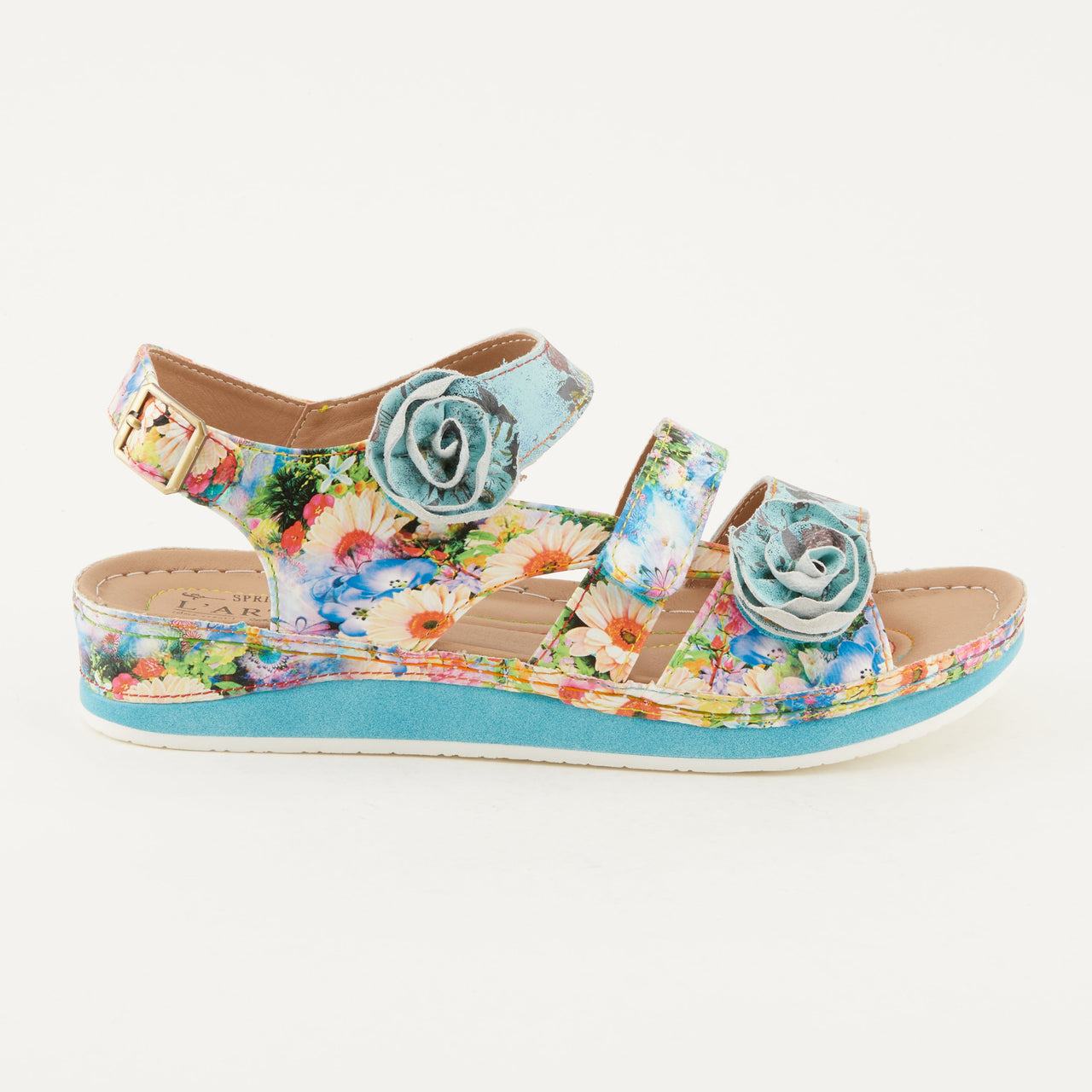 L'ARTISTE JOELINA-DAZI ANKLE STRAP SANDALS in multicolored leather with floral details and adjustable buckle strap