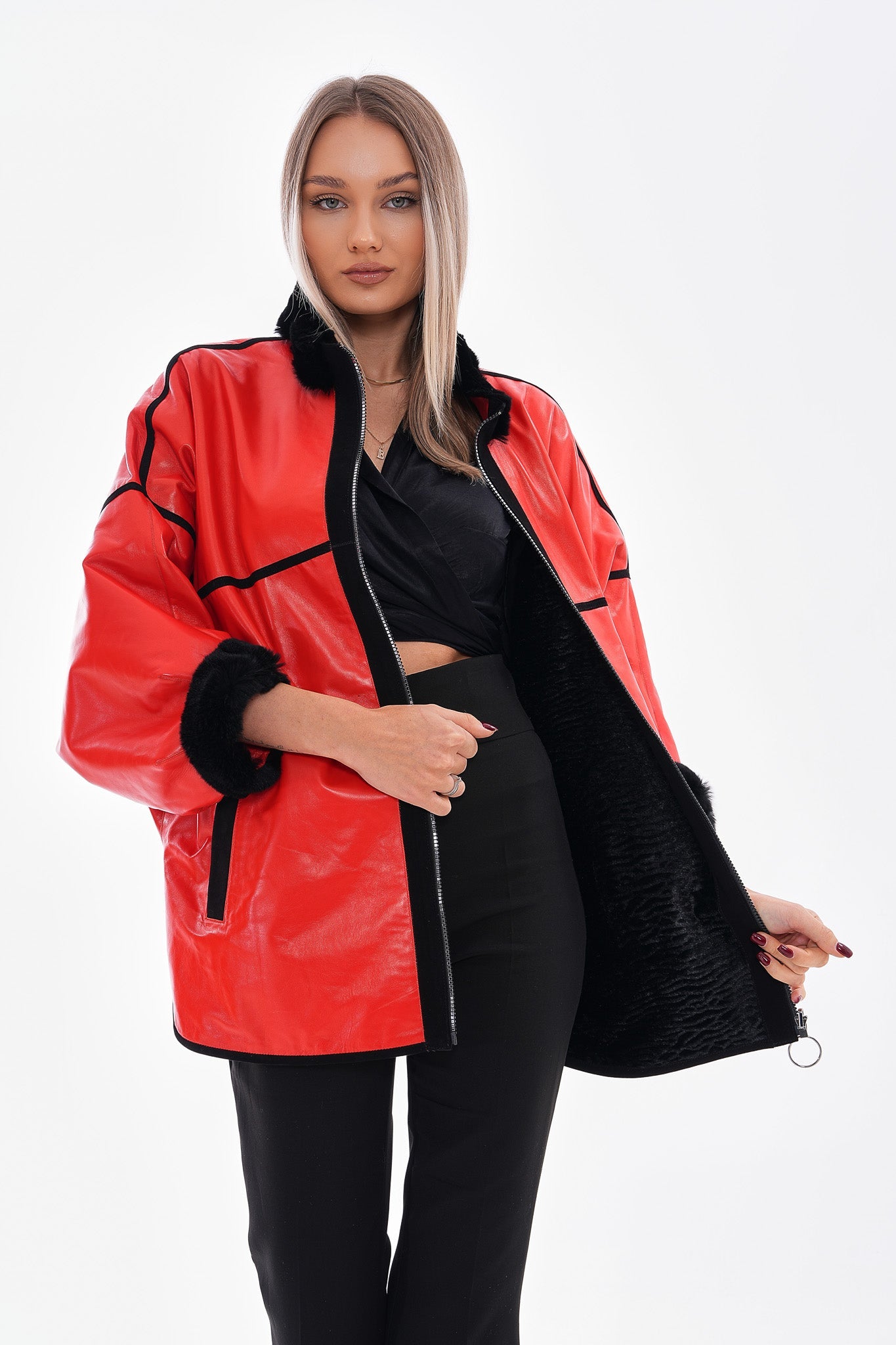 The Rebel Reversible Shearling Red Leather Women Jacket