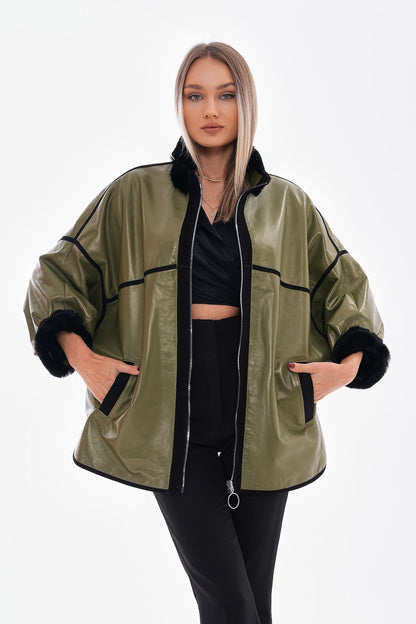 The Rebel Reversible Shearling Olive Green Leather Women Jacket