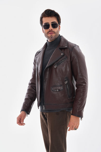 The Volt Textured Mahogany Leather Men Jacket