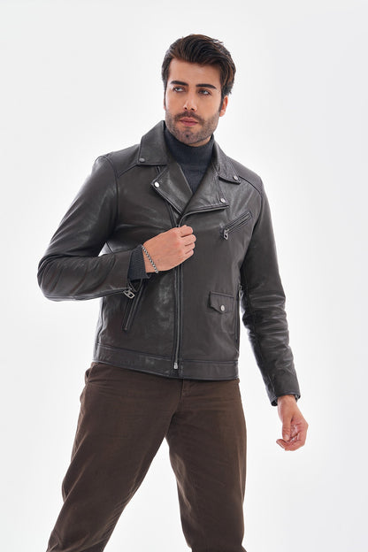 The Volt Textured Charcoal Leather Men Jacket