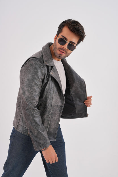 The Volt Textured Distressed Grey Leather Men Jacket