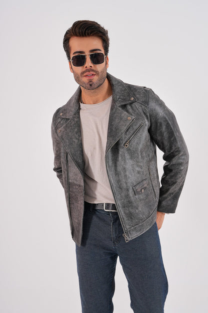 The Volt Textured Distressed Grey Leather Men Jacket
